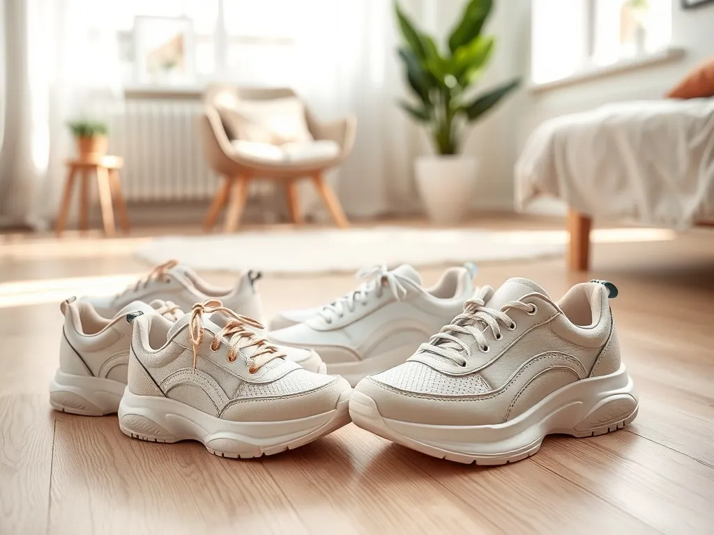 Modne damskie sneakersy w różnych fasonach i kolorach ułożone na podłodze, pokazujące trendy na sezon.