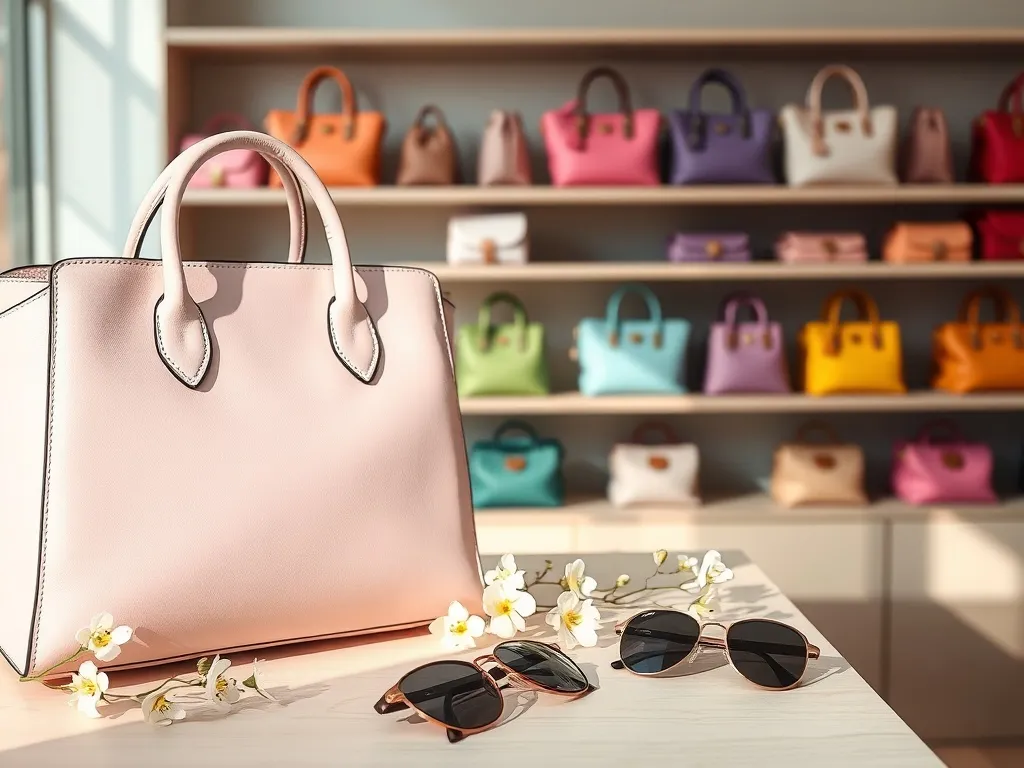 Pastelowa różowa torebka na tle półek z kolorowymi modelami, prezentacja wiosennych kolorów modnych torebek.