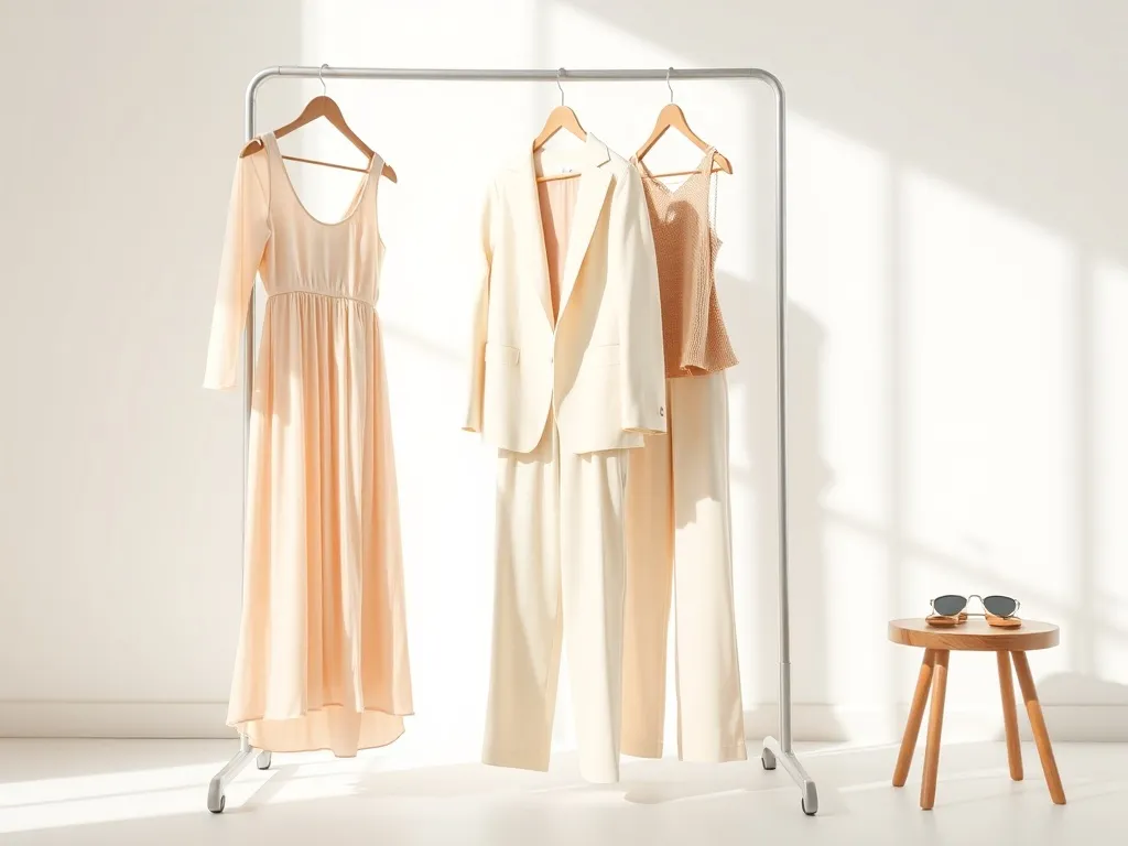 Minimalist wieszak z pastelowymi ubraniami i dodatkami, prezentujący lekkie, wiosenne trendy modowe sezonu SS 2026.