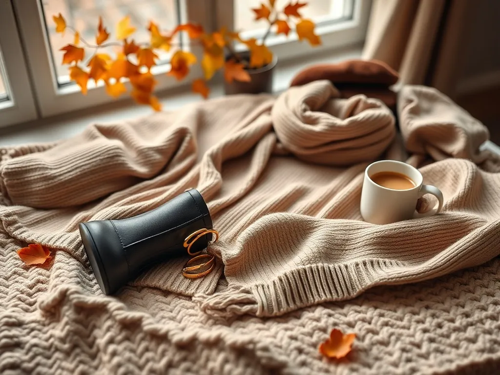 Beżowy sweter oversize, szalik, botki i beret na kocu, obok kubek z napojem – stylowy jesienno-zimowy zestaw na chłodne dni.