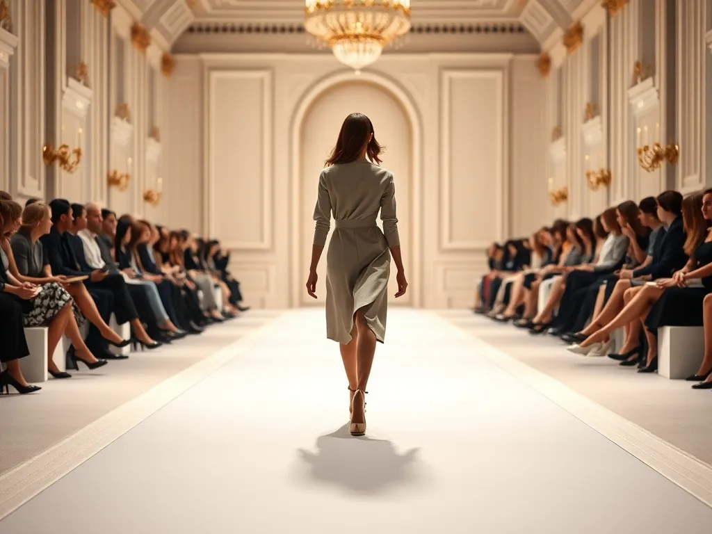 Modelka na paryskim wybiegu prezentuje elegancką stylizację, w tle rozmyta publiczność i jasne, minimalistyczne wnętrze.