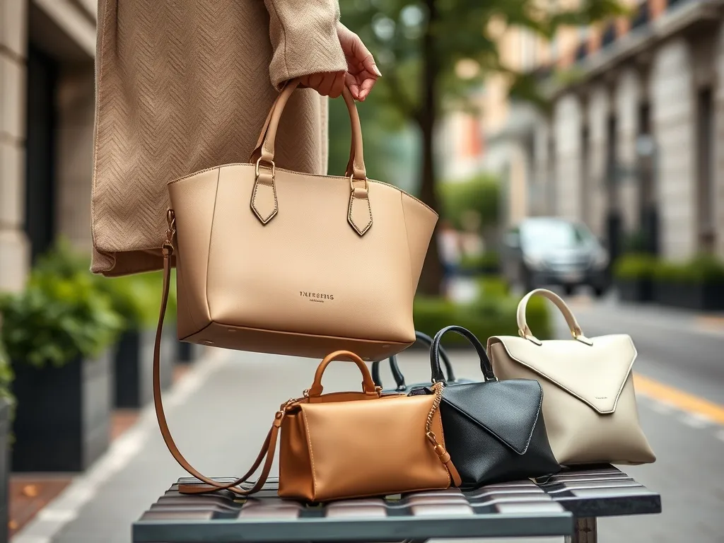 Elegancka kobieca dłoń trzyma nowoczesną torebkę, obok na ławce leżą inne modne modele na ten sezon