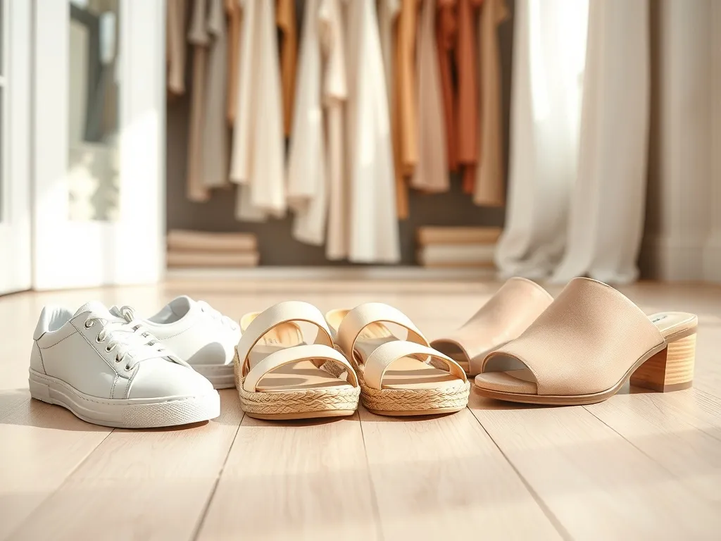 Modne buty na wiosnę-lato 2026: pastelowe sneakersy, sandały, espadryle i beżowe mule na tle jasnej garderoby