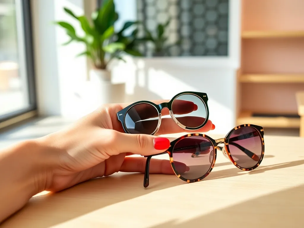 Damska dłoń trzyma dwie pary modnych okularów przeciwsłonecznych na jasnym stole w minimalistycznym, pastelowym wnętrzu.