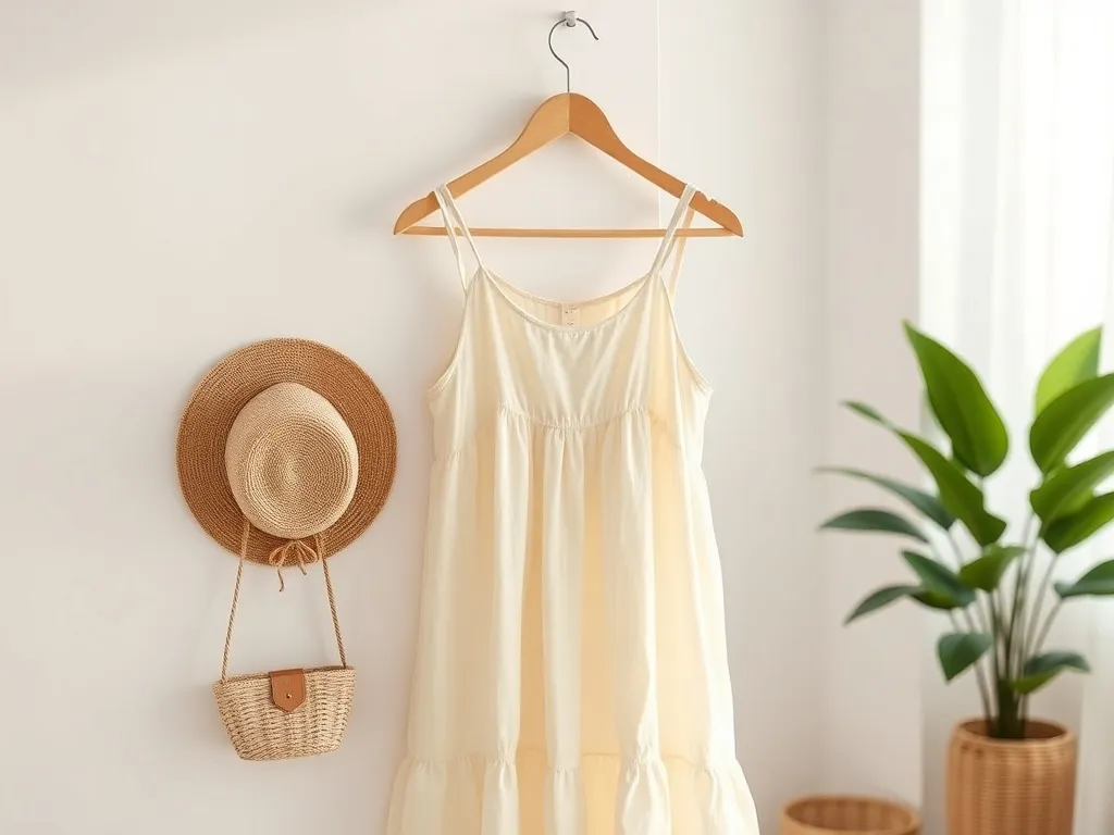 Jasna, zwiewna sukienka letnia na wieszaku obok słomkowego kapelusza i wiklinowej torebki w minimalistycznym wnętrzu.
