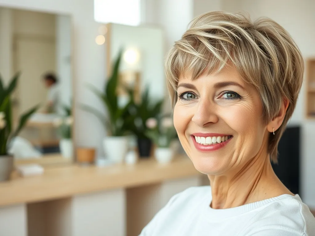Uśmiechnięta dojrzała kobieta z krótką, warstwową fryzurą pixie/bob, prezentująca odmładzające cięcie w nowoczesnym salonie.