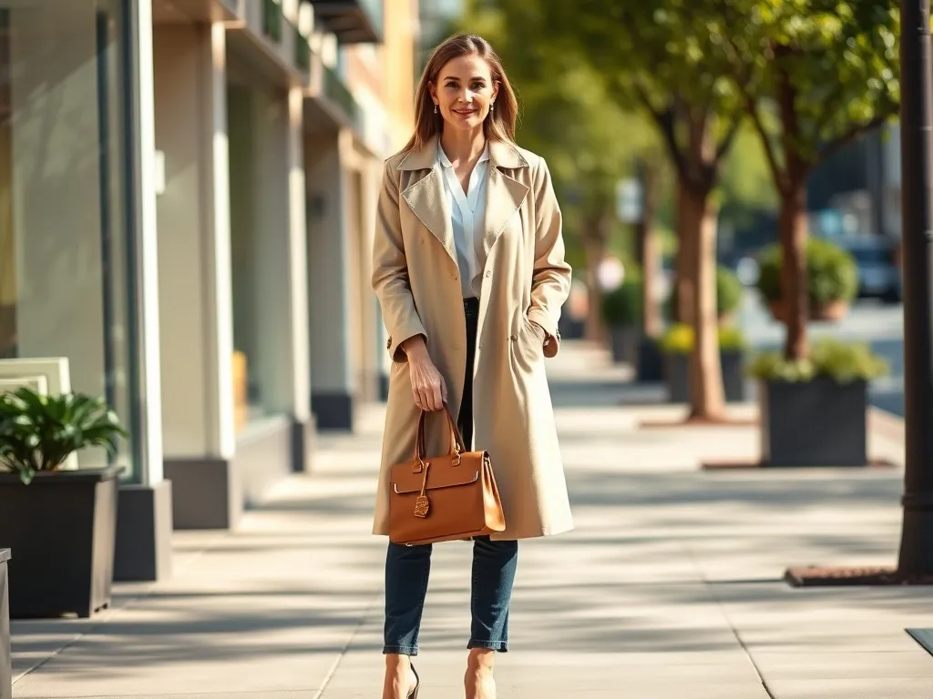 Elegancka 40-latka w beżowym trenczu i jeansach spaceruje po mieście, prezentując modną, ponadczasową stylizację.