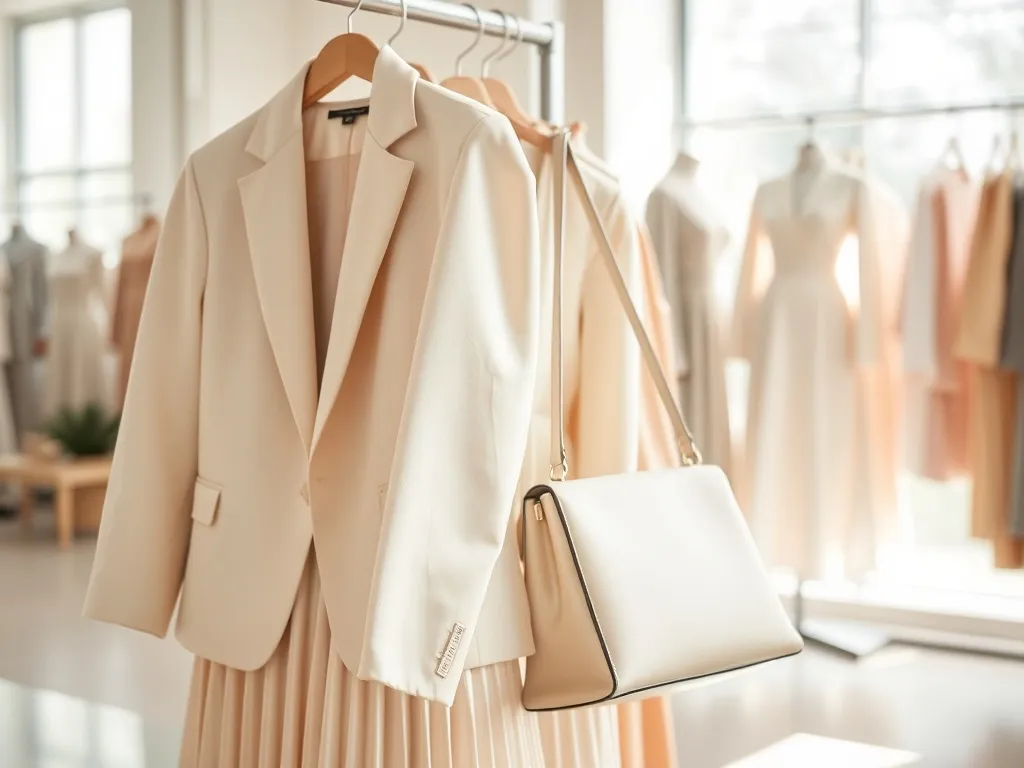 Pastelowy żakiet, plisowana spódnica i torebka Prada na wieszaku, w jasnym, minimalistycznym butiku wiosna–lato