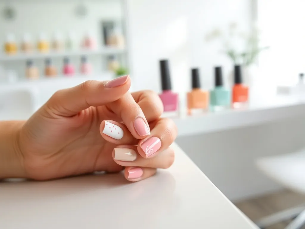 Dłoń z paznokciami w pastelowych i wyrazistych kolorach z minimalistycznymi wzorami, na tle nowoczesnego salonu manicure.