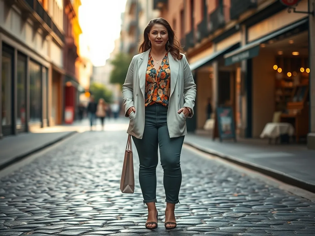 Pewna siebie kobieta plus size w kolorowej stylizacji spaceruje po ulicy z butikami, trzymając małą torbę z zakupami.