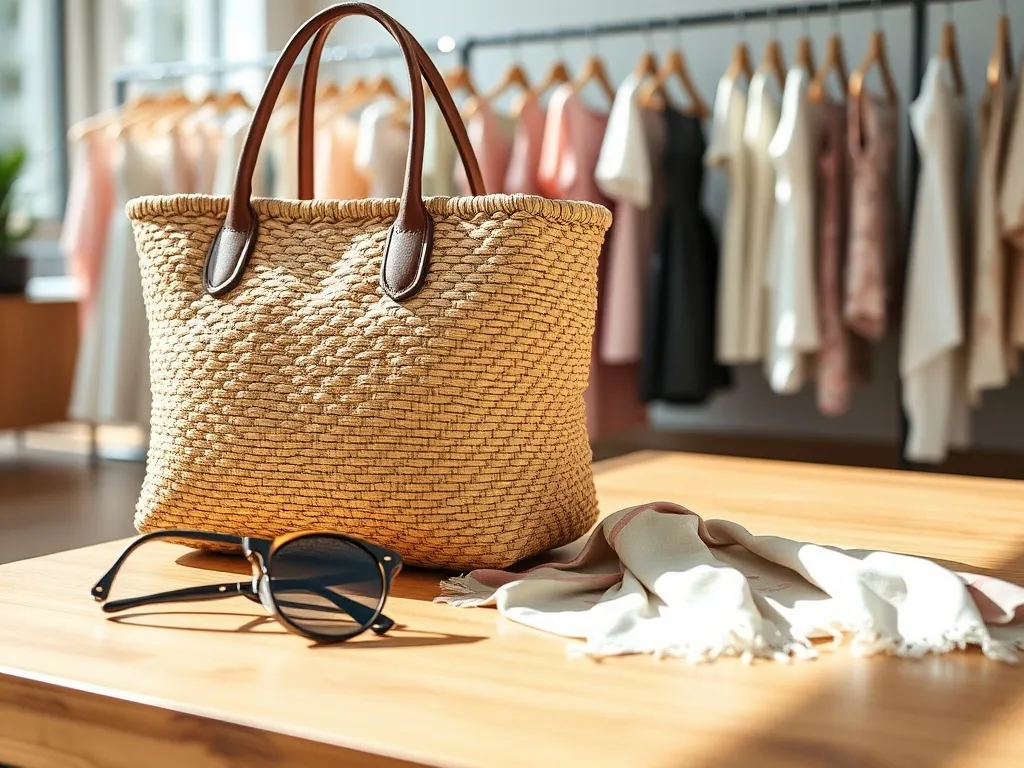 Słomiana torebka z paskami z jasnej skóry, obok okulary i jedwabna apaszka; w tle pastelowe stylizacje wiosna–lato.