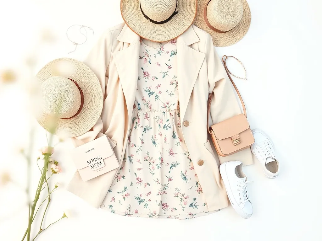 Pastelowa wiosenna stylizacja: kwiecista sukienka, lekki trencz, słomkowy kapelusz, torebka i sneakersy w estetyce Pinterest.