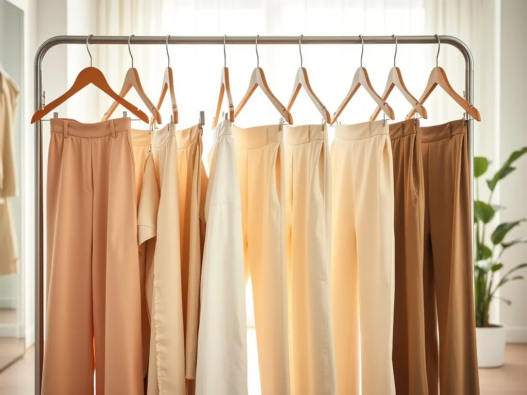 Jasna przymierzalnia z wieszakiem pełnym wiosennych spodni damskich w pastelowych kolorach, podkreślających różne fasony.