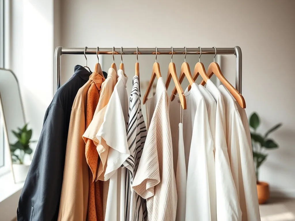 Kontrast krzykliwych, przestarzałych ubrań z prostymi, ponadczasowymi fasonami na jednym wieszaku w nowoczesnym wnętrzu.