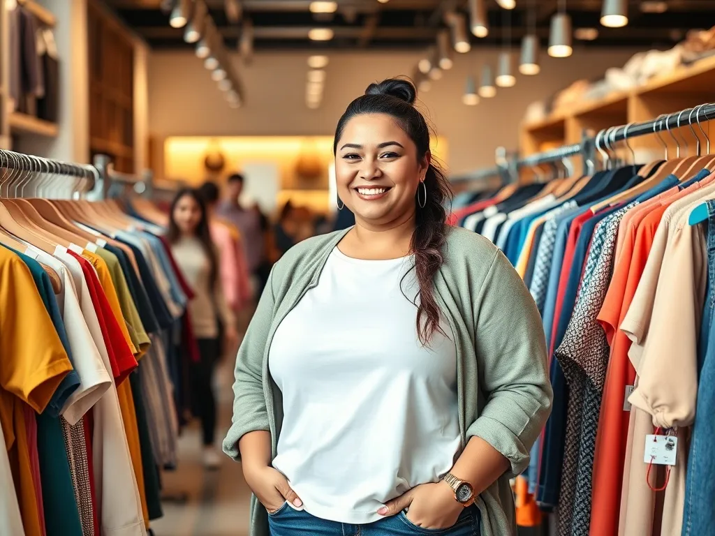 Uśmiechnięta kobieta plus size przegląda kolorowe, modne ubrania w przytulnym butiku z odzieżą w przystępnych cenach.
