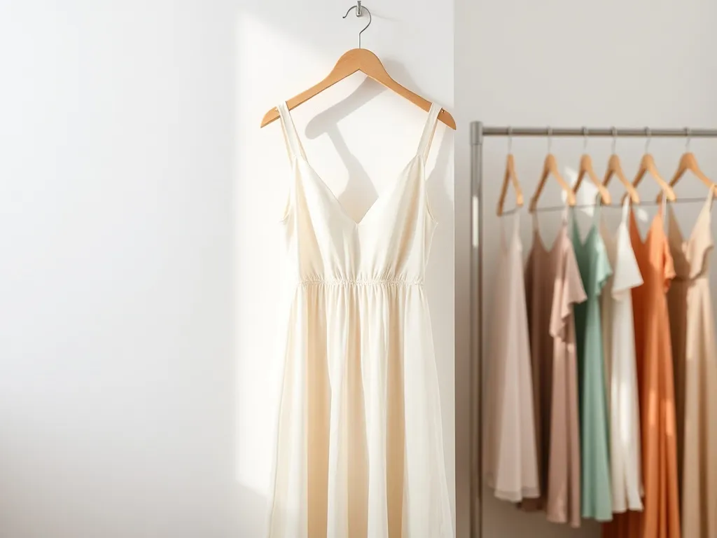 Letnia, elegancka sukienka na wieszaku przed minimalistyczną szafą z kolorowymi kreacjami, w klimacie butikowym.
