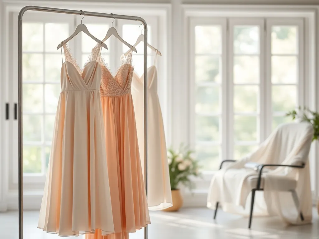 Wieszak z eleganckimi sukienkami na wesele w pastelowych kolorach, obok krzesło z przewieszoną sukienką i kopertówką.