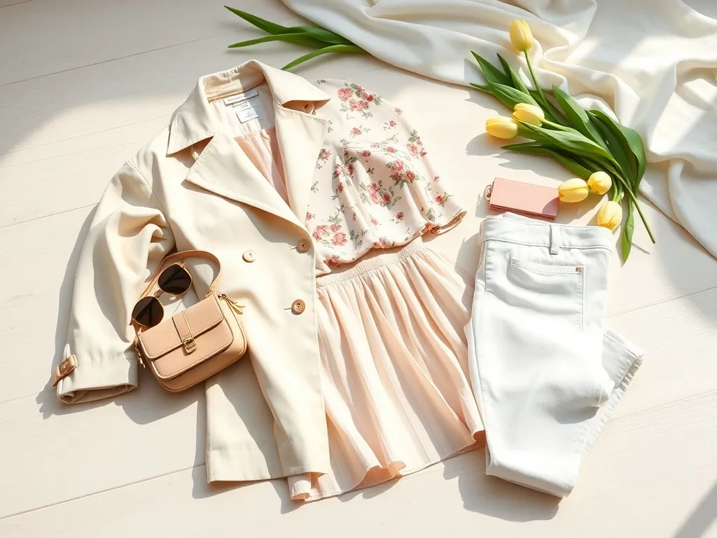 Pastelowy płaski lay wiosennej stylizacji z trenczem, kwiecistą bluzką i dodatkami na jasnym tle, w tle rozmyte tulipany.