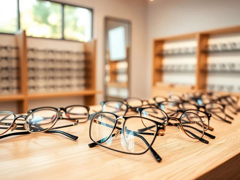 Różne modne oprawki okularów w nowoczesnym salonie optycznym, pokazujące style dopasowane do różnych kształtów twarzy.