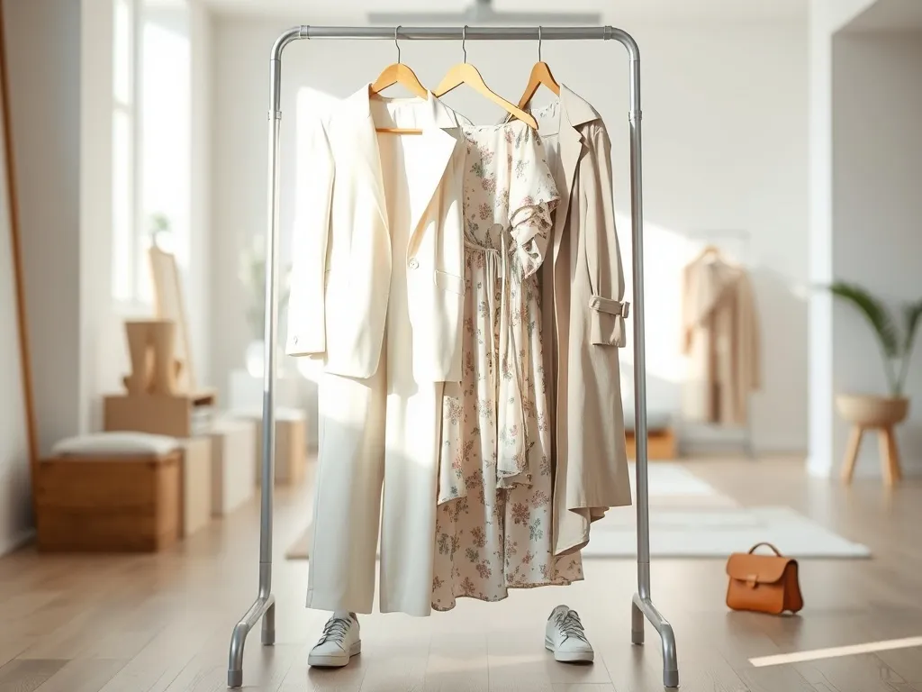 Minimalistyczny stojak z modnymi ubraniami i dodatkami, zapowiadający trendy na najbliższe sezony w modzie.
