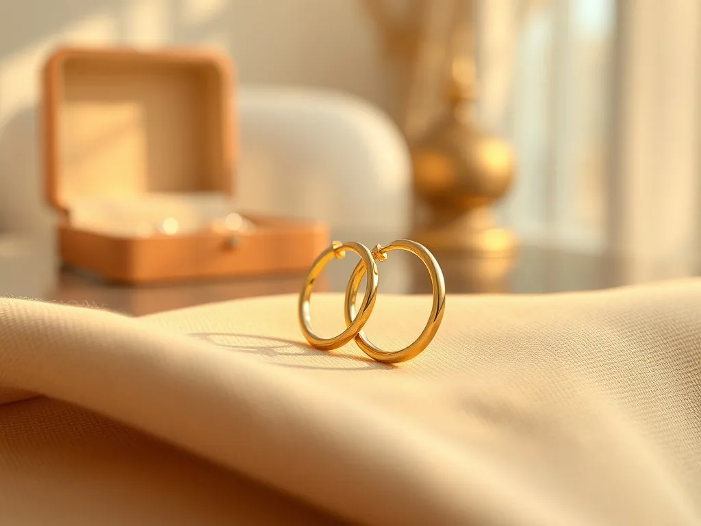 Eleganckie złote kolczyki o minimalistycznym wzornictwie leżą na beżowej tkaninie w miękkim, ciepłym świetle