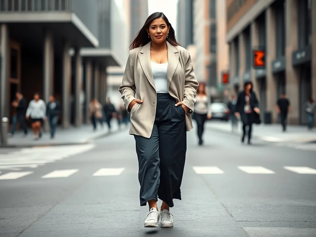 Pewna siebie kobieta plus size w oversize’owej marynarce i szerokich spodniach prezentuje modny, miejski styl na ulicy.