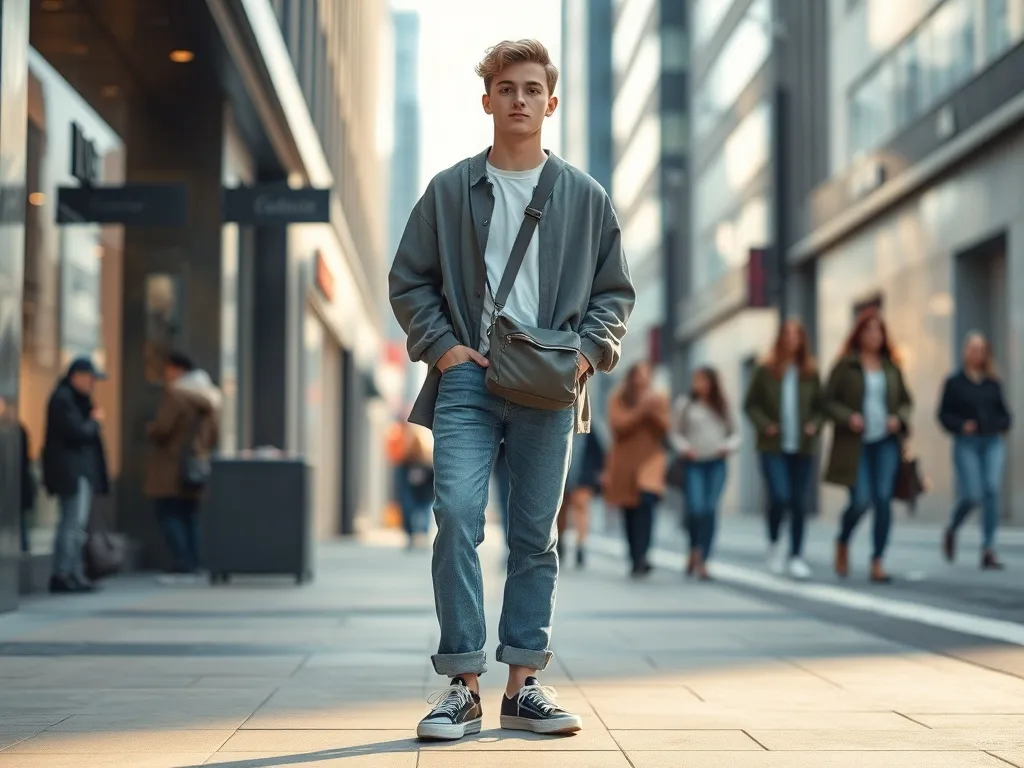 Młoda osoba w oversize’owej kurtce, luźnych dżinsach i modnych sneakersach prezentuje współczesny streetwear w miejskiej scenerii.