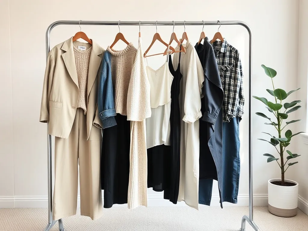 Stojak z 10 różnymi, modnymi stylizacjami w minimalistycznym wnętrzu, ilustrujący najważniejsze trendy sezonu.