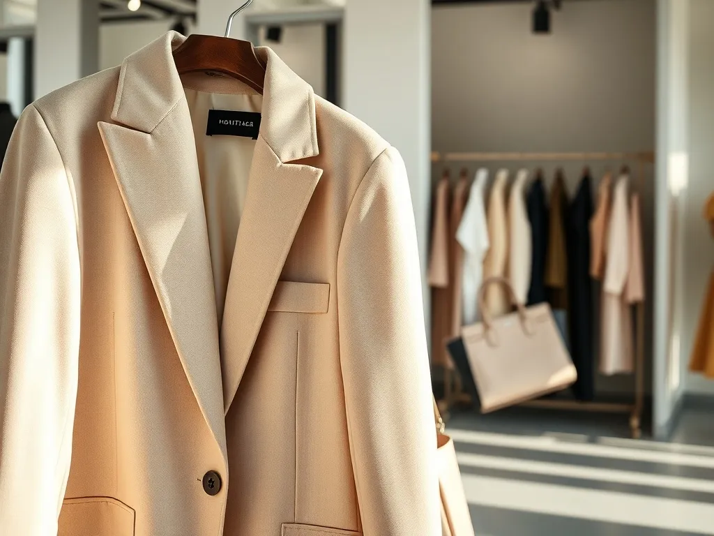 Minimalistyczny zestaw high fashion w neutralnych barwach na wieszaku, prezentujący elegancki, ponadczasowy styl