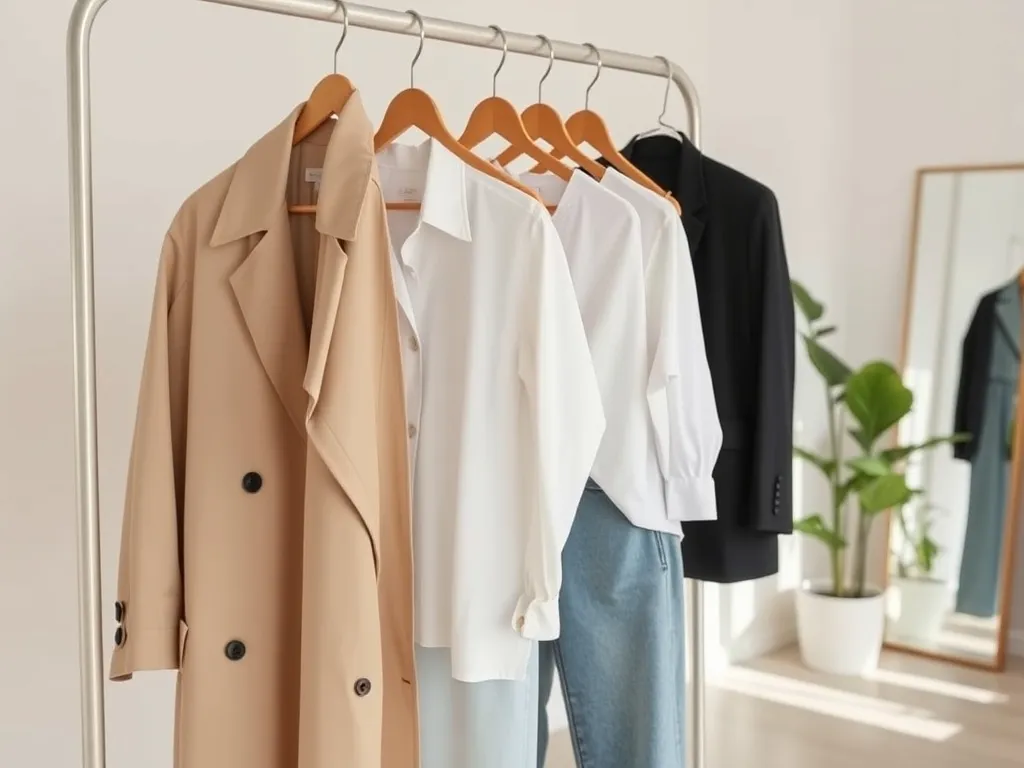 Minimalistyczny stojak z modnymi ubraniami w neutralnych kolorach, w jasnym wnętrzu – zapowiedź nadchodzących polskich trendów.