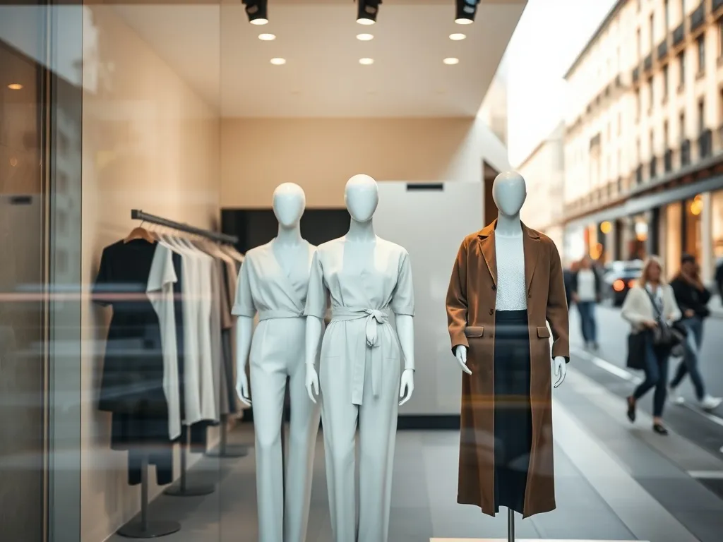 Witryna modnego butiku z minimalistycznymi stylizacjami na manekinach, prezentująca aktualne miejskie trendy.