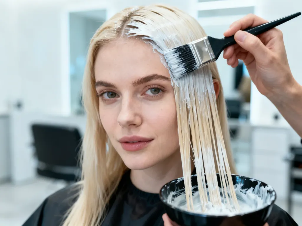 Kobieta nakłada profesjonalny toner na blond włosy za pomocą pędzla w nowoczesnym salonie fryzjerskim.