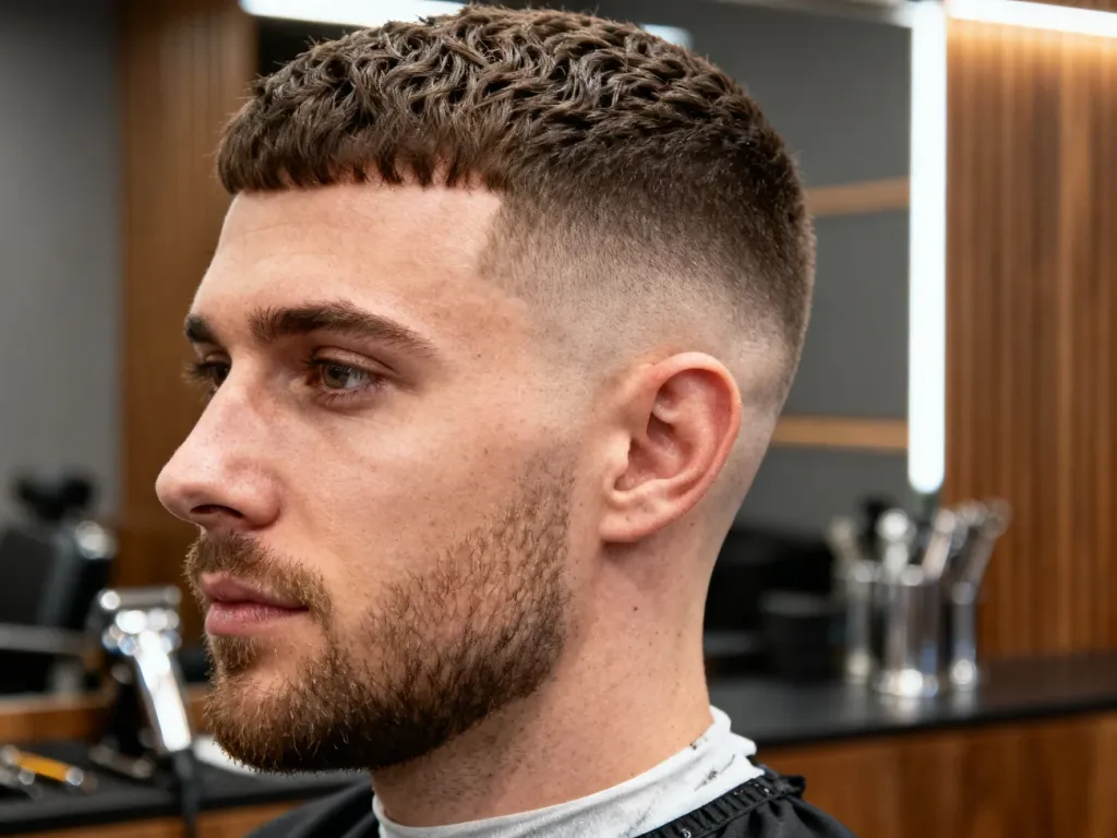 Mężczyzna z precyzyjnie wykonaną fryzurą typu low fade i teksturą na górze, prezentujący nowoczesny styl w profesjonalnym salonie.