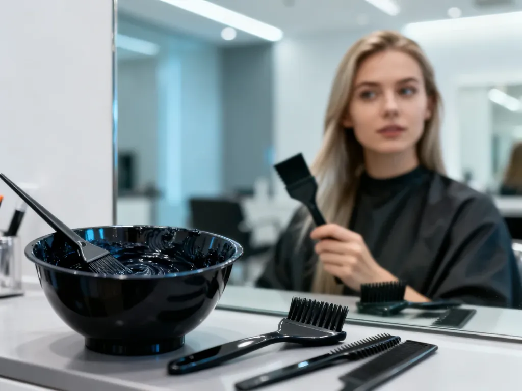 Kobieta w profesjonalnym salonie fryzjerskim przygotowuje się do koloryzacji włosów, trzymając pędzel do farbowania.